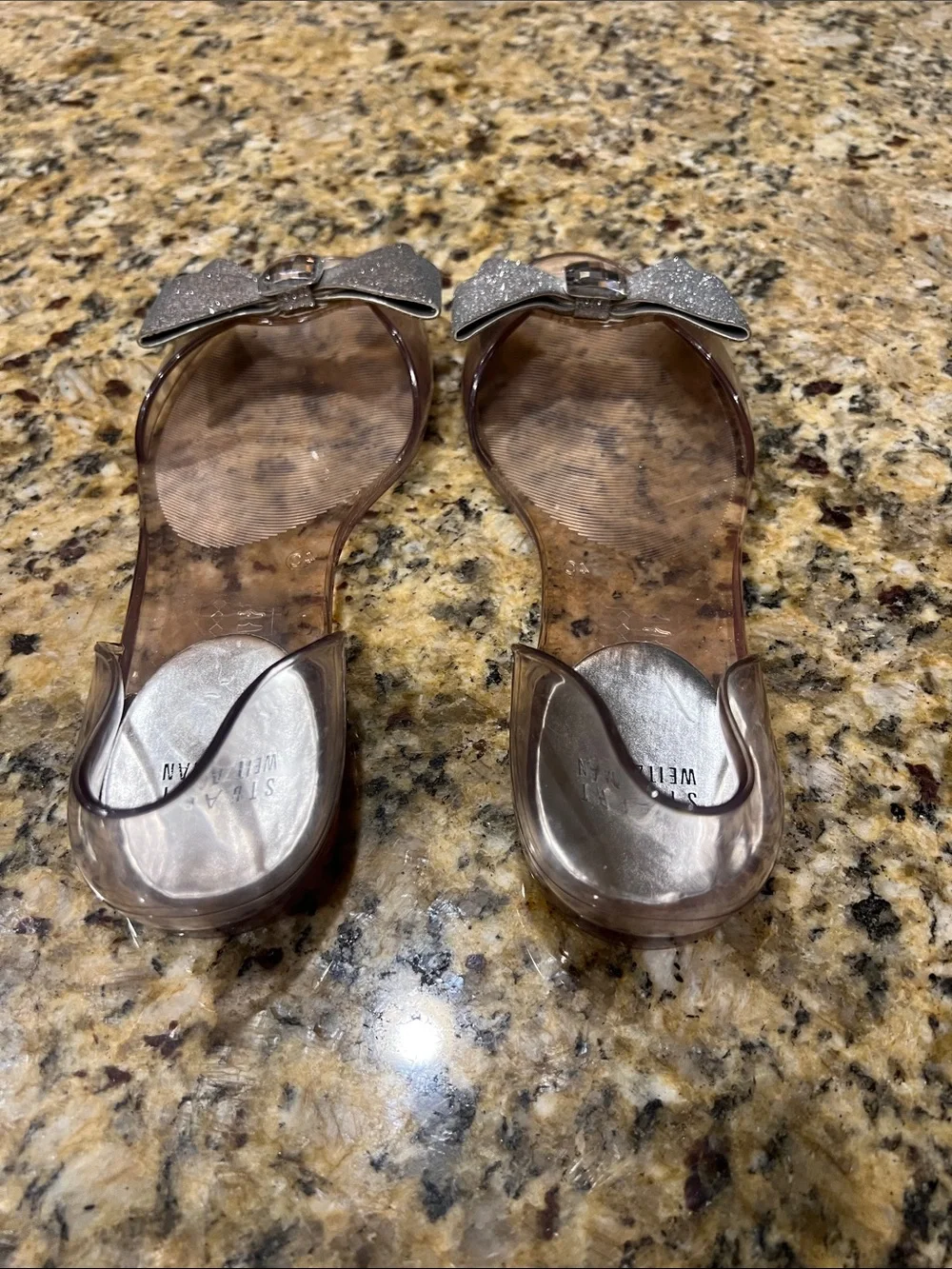 Stuart Weitzman Clear Jelly Sandals with Silver Glitter Bow